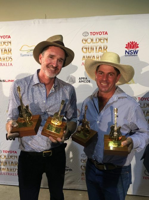 Luke O'Shea and Tom Curtain of Katherine Outback Experience with their two Golden Guitars